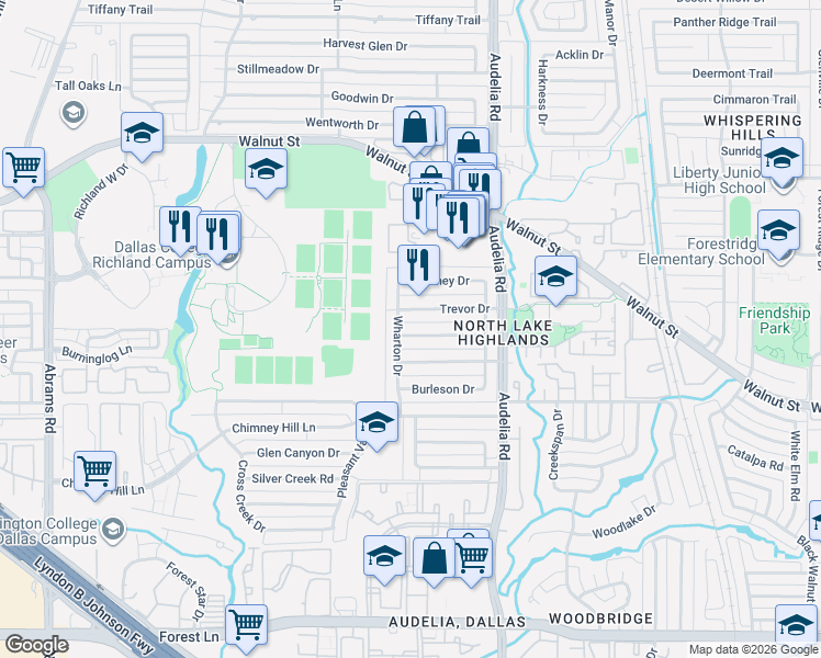 map of restaurants, bars, coffee shops, grocery stores, and more near 9701 Windham Drive in Dallas