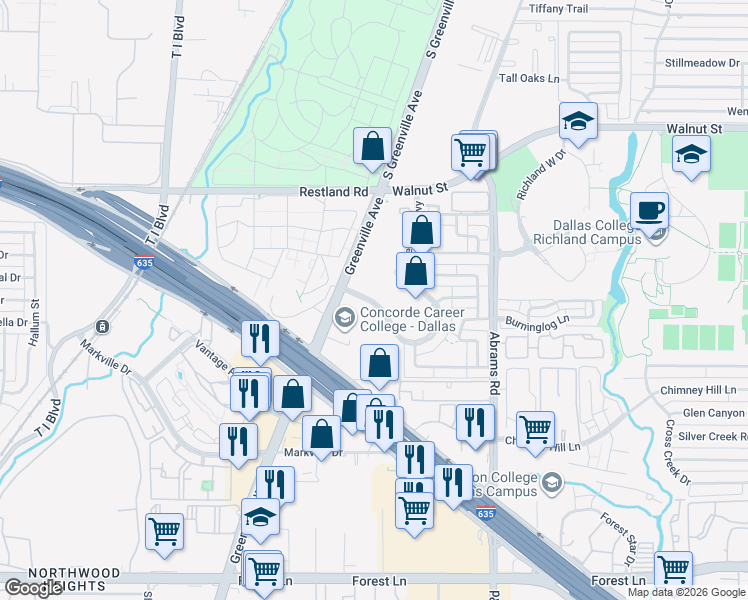 map of restaurants, bars, coffee shops, grocery stores, and more near 10 Amberton Parkway in Dallas