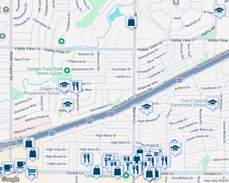 map of restaurants, bars, coffee shops, grocery stores, and more near 3675 Morningstar Lane in Farmers Branch