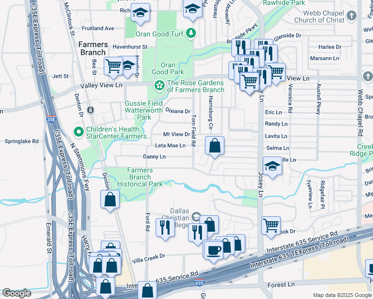 map of restaurants, bars, coffee shops, grocery stores, and more near 2661 Danny Lane in Farmers Branch
