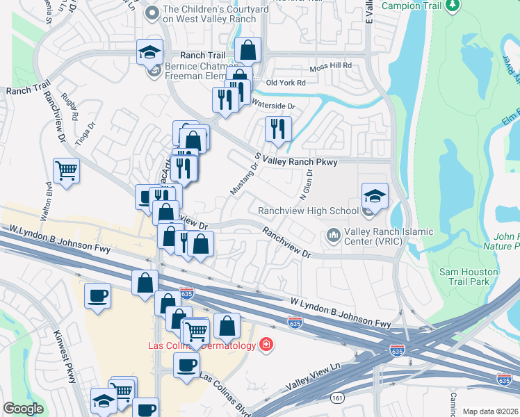 map of restaurants, bars, coffee shops, grocery stores, and more near 8103 Locust Street in Irving