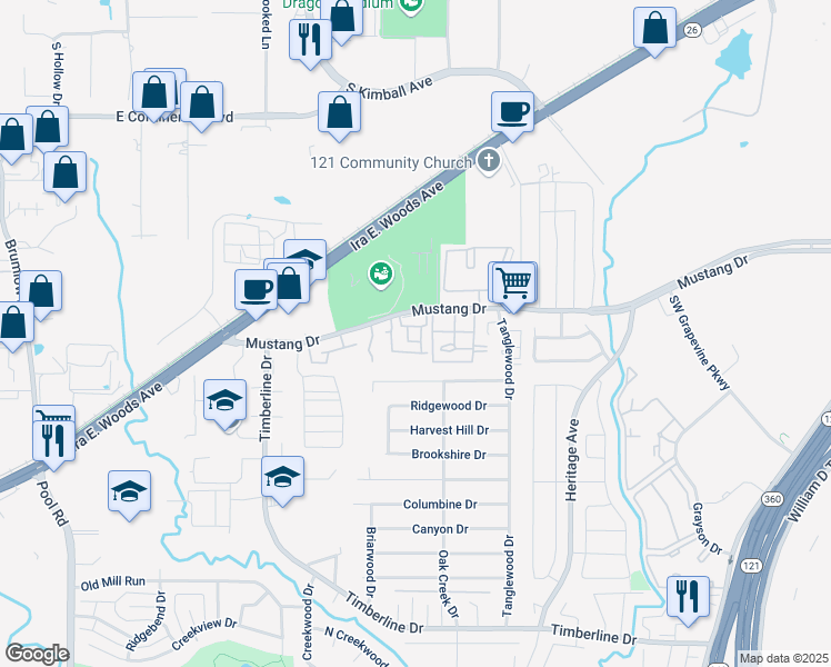 map of restaurants, bars, coffee shops, grocery stores, and more near 3031 Mustang Drive in Grapevine