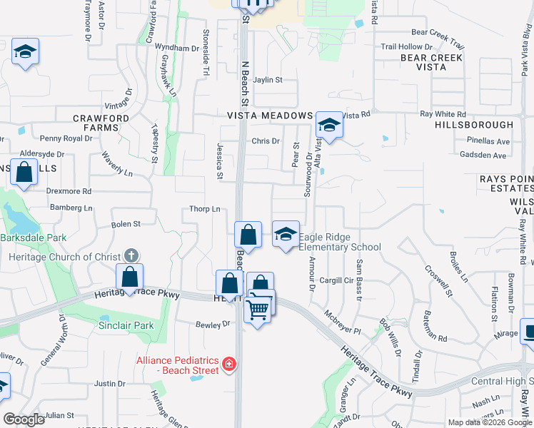 map of restaurants, bars, coffee shops, grocery stores, and more near 9900 North Beach Street in Fort Worth