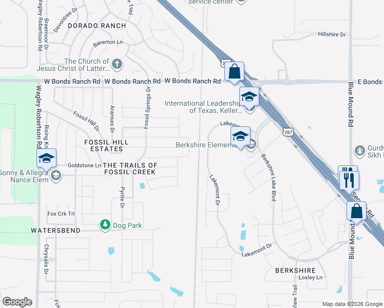 map of restaurants, bars, coffee shops, grocery stores, and more near 10400 Talus Drive in Fort Worth