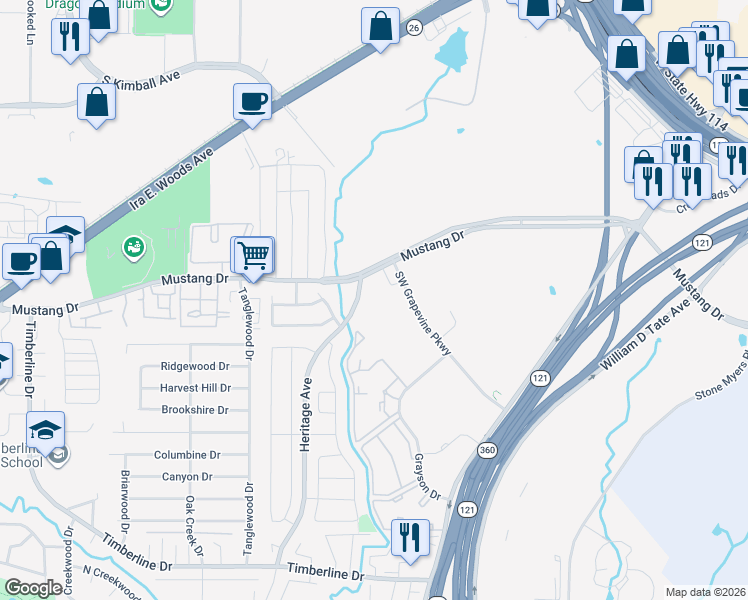 map of restaurants, bars, coffee shops, grocery stores, and more near 2501 Heritage Avenue in Grapevine