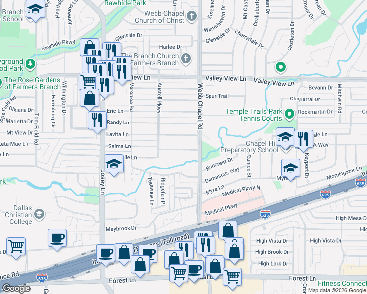 map of restaurants, bars, coffee shops, grocery stores, and more near 3039 Selma Lane in Farmers Branch