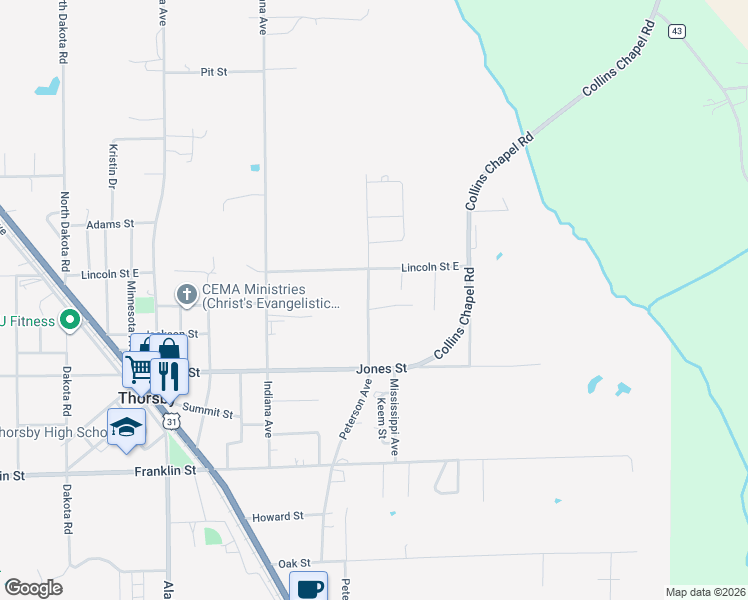 map of restaurants, bars, coffee shops, grocery stores, and more near 1-199 Crumpton St in Thorsby