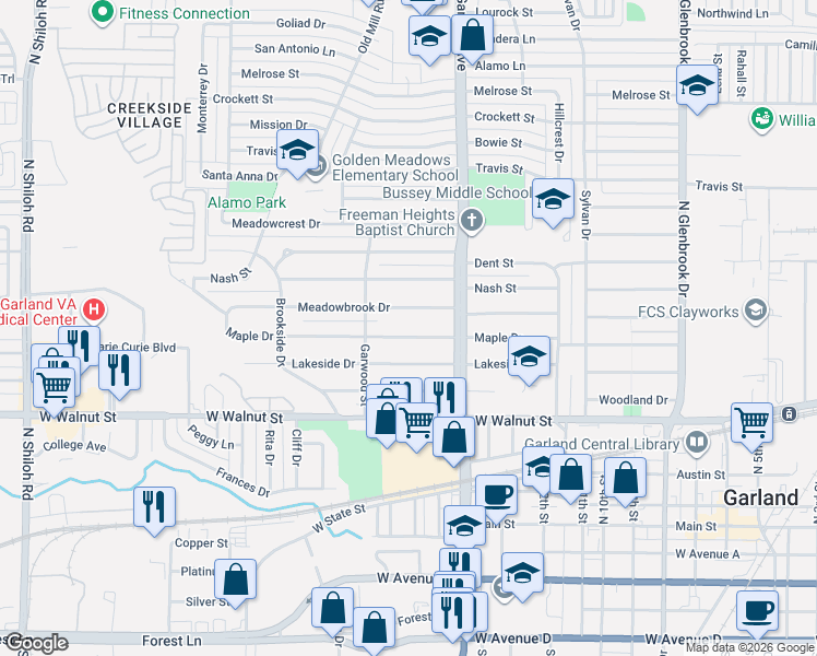 map of restaurants, bars, coffee shops, grocery stores, and more near 1445 Maple Drive in Garland