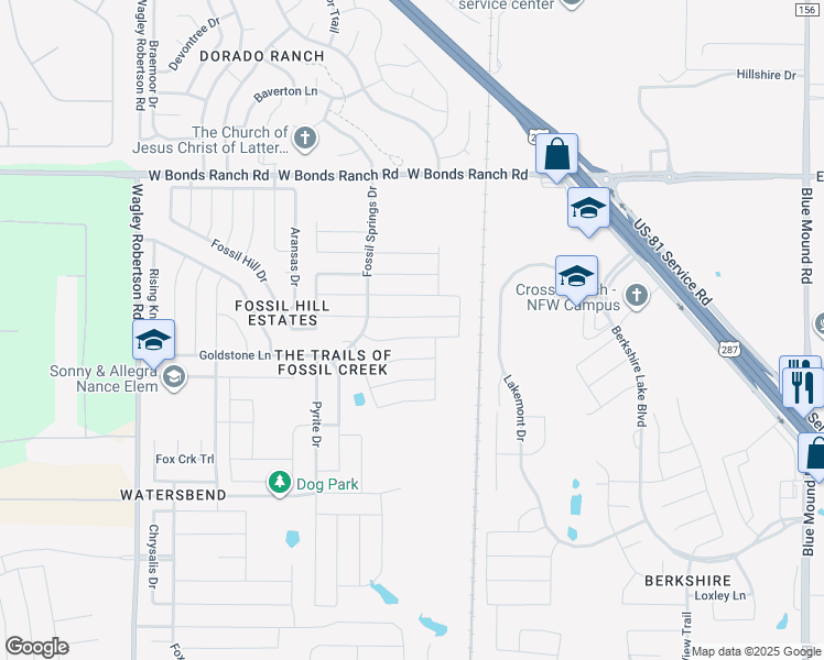 map of restaurants, bars, coffee shops, grocery stores, and more near 320 Fossil Bridge Drive in Fort Worth