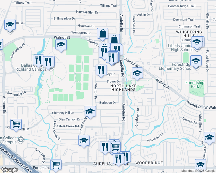 map of restaurants, bars, coffee shops, grocery stores, and more near 9731 Windham Drive in Dallas
