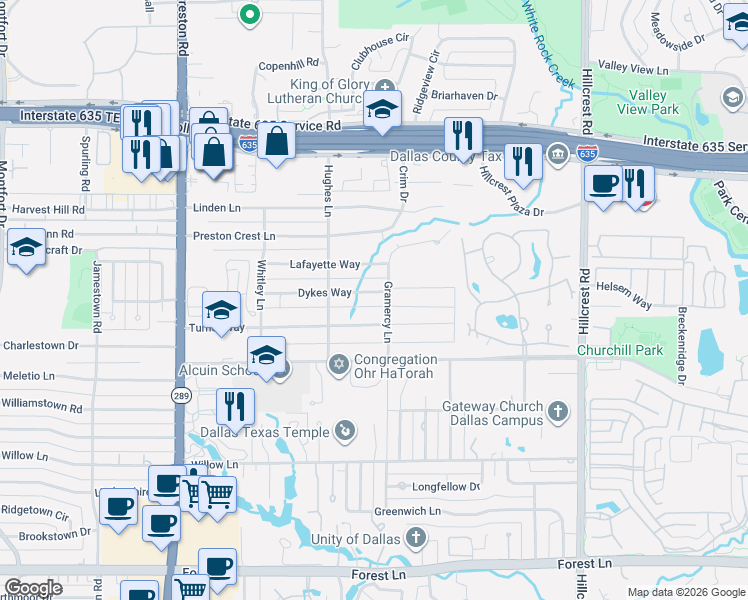 map of restaurants, bars, coffee shops, grocery stores, and more near 6416 Dykes Way in Dallas