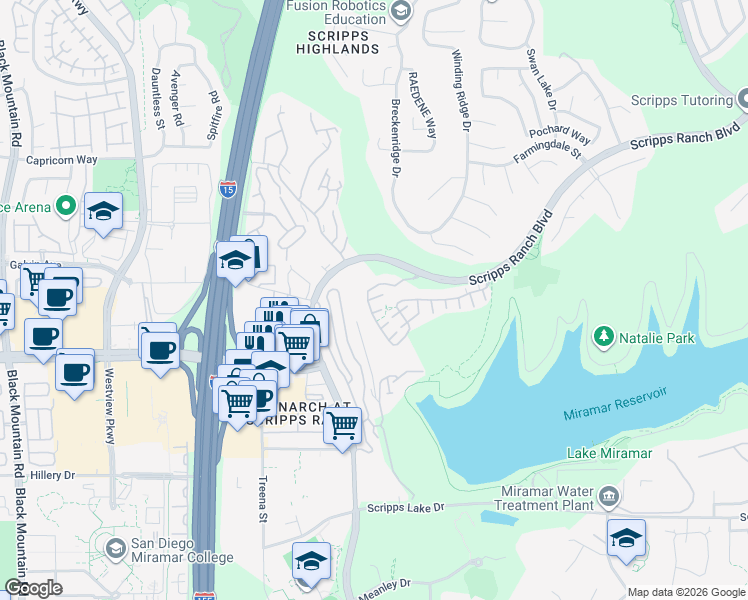 map of restaurants, bars, coffee shops, grocery stores, and more near 11412 Miro Circle in San Diego