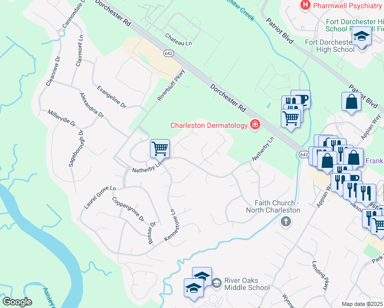 map of restaurants, bars, coffee shops, grocery stores, and more near 8670 Spring Chapel Ln in North Charleston