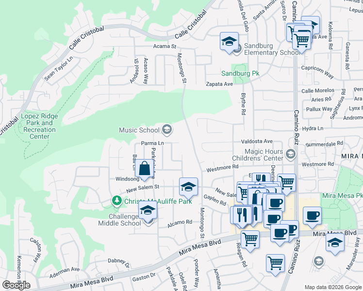 map of restaurants, bars, coffee shops, grocery stores, and more near 7851 Parma Lane in San Diego