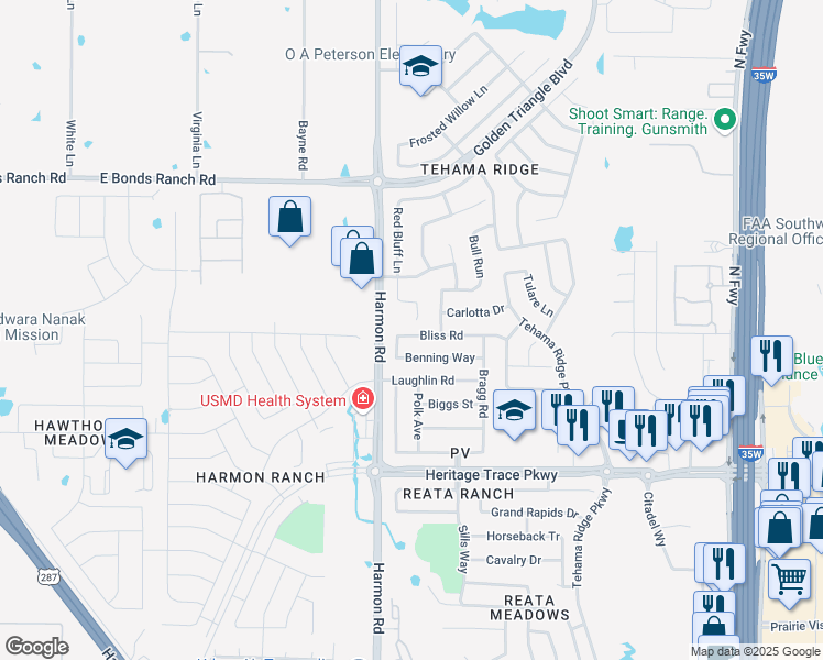 map of restaurants, bars, coffee shops, grocery stores, and more near 2041 Bliss Road in Fort Worth