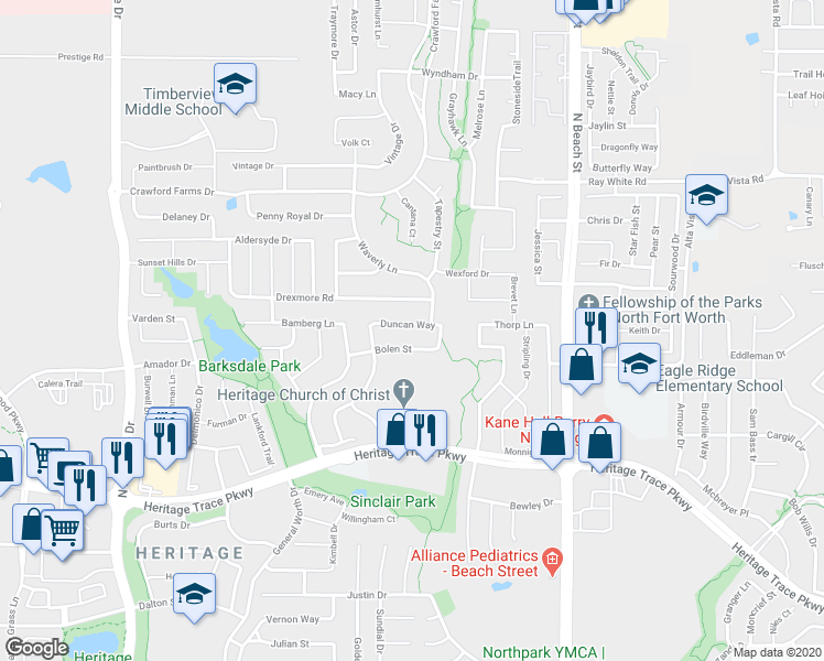 map of restaurants, bars, coffee shops, grocery stores, and more near 4132 Duncan Way in Fort Worth