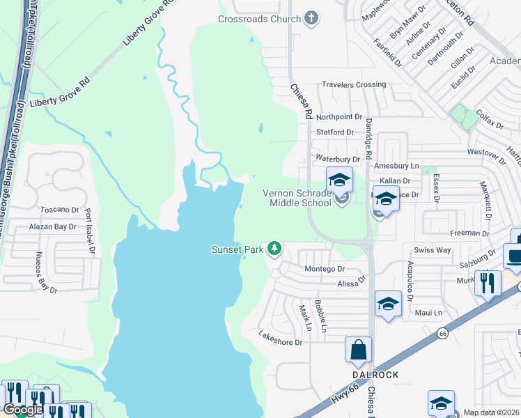 map of restaurants, bars, coffee shops, grocery stores, and more near 6829 Chiesa Rd in Rowlett