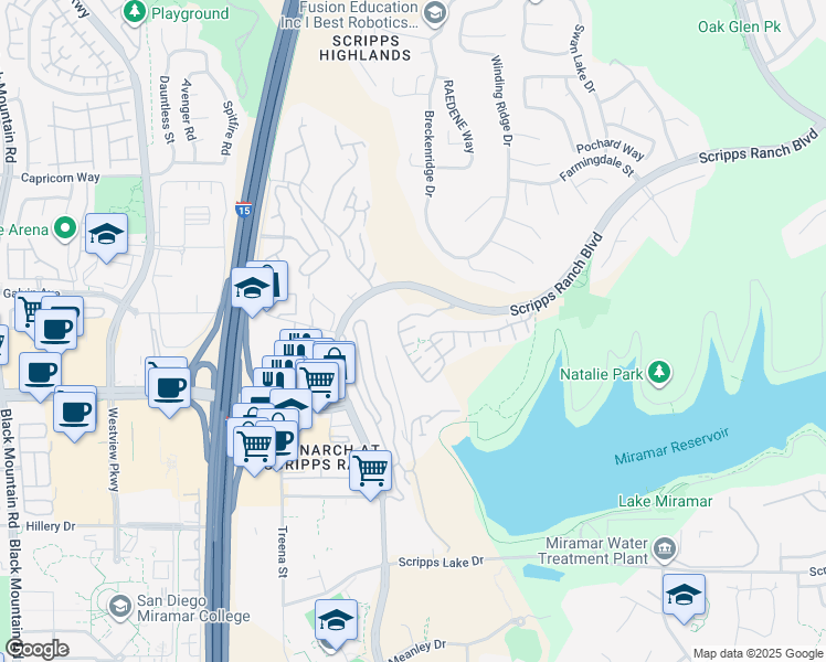map of restaurants, bars, coffee shops, grocery stores, and more near 11424 Miro Circle in San Diego