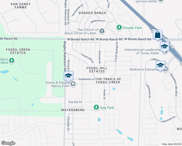 map of restaurants, bars, coffee shops, grocery stores, and more near 10429 Winding Passage Way in Fort Worth