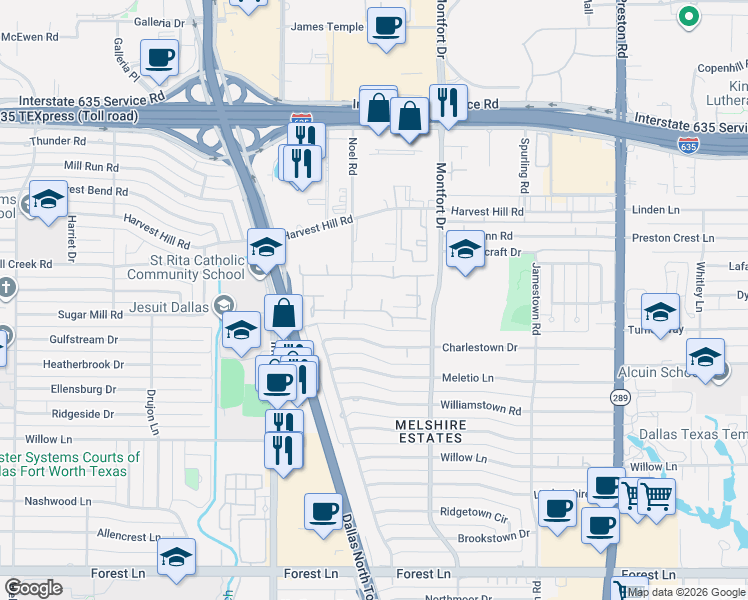 map of restaurants, bars, coffee shops, grocery stores, and more near 12432 Montego Plaza in Dallas