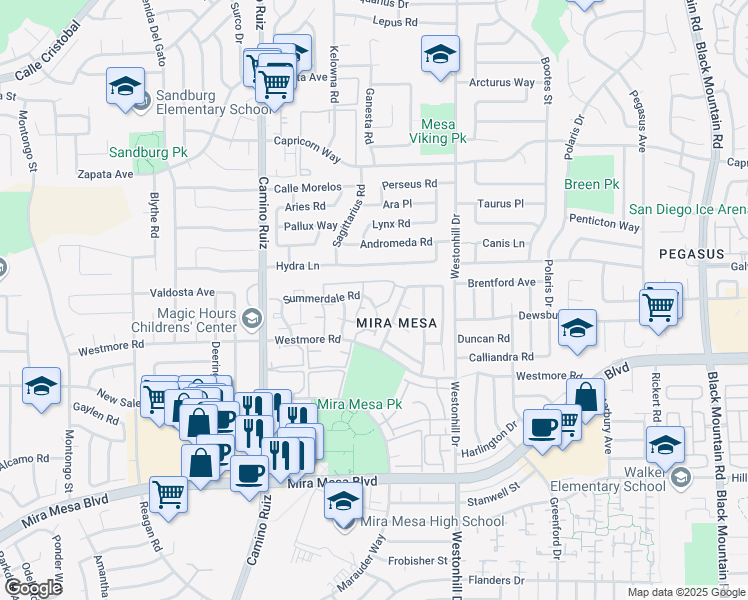 map of restaurants, bars, coffee shops, grocery stores, and more near 8535 Summerdale Road in San Diego
