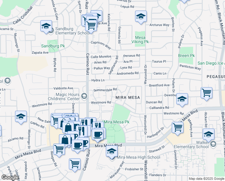 map of restaurants, bars, coffee shops, grocery stores, and more near 8509 Summerdale Road in San Diego