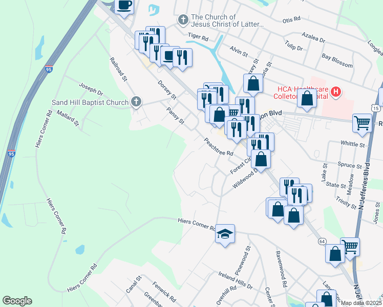 map of restaurants, bars, coffee shops, grocery stores, and more near 504 Forest Circle in Walterboro