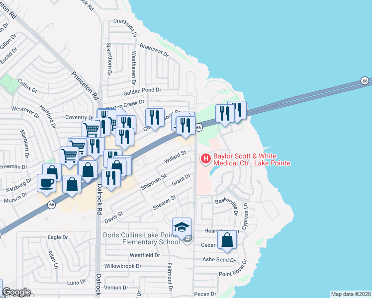 map of restaurants, bars, coffee shops, grocery stores, and more near 9438 Willard Street in Rowlett