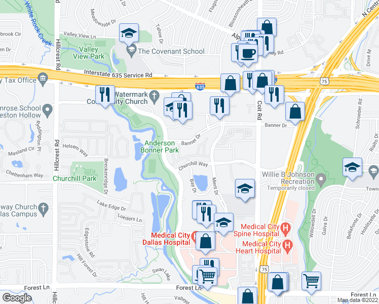 map of restaurants, bars, coffee shops, grocery stores, and more near 7601 Churchill Way in Dallas