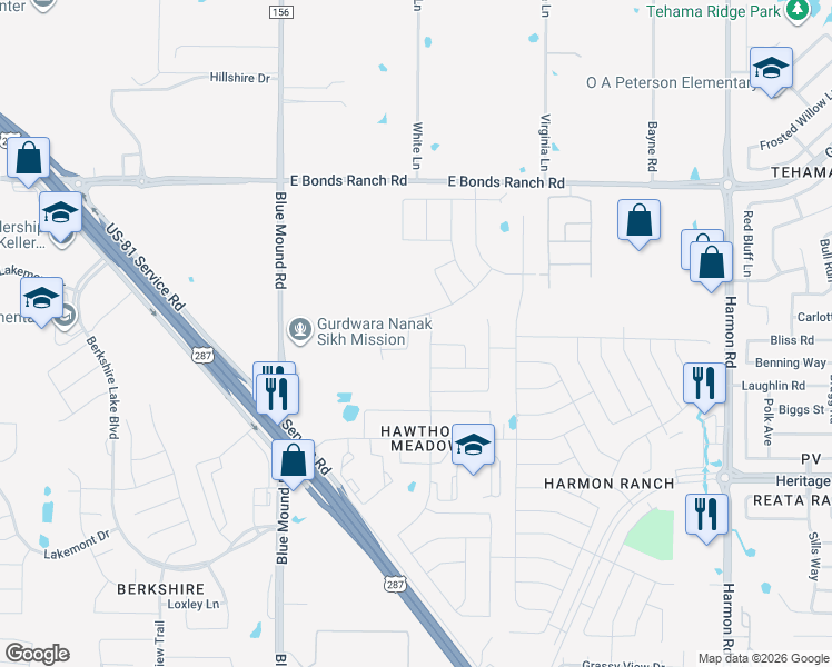 map of restaurants, bars, coffee shops, grocery stores, and more near 917 Cushing Drive in Fort Worth