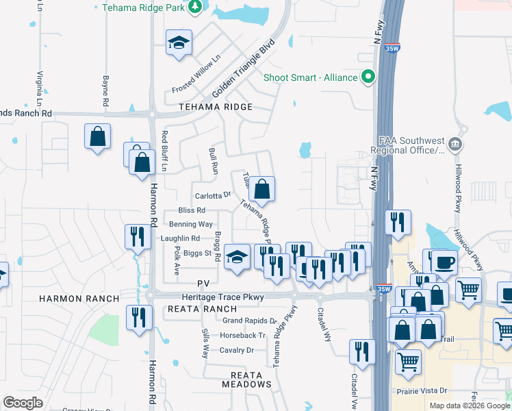 map of restaurants, bars, coffee shops, grocery stores, and more near 9852 Tehama Ridge Parkway in Fort Worth