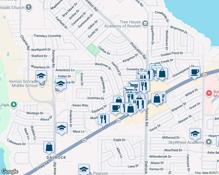 map of restaurants, bars, coffee shops, grocery stores, and more near 6509 Amesbury Lane in Rowlett