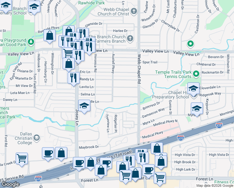map of restaurants, bars, coffee shops, grocery stores, and more near 3016 Selma Lane in Farmers Branch