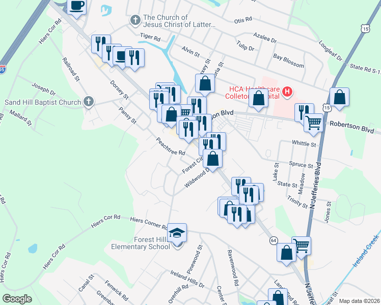 map of restaurants, bars, coffee shops, grocery stores, and more near 102 Peachtree Road in Walterboro