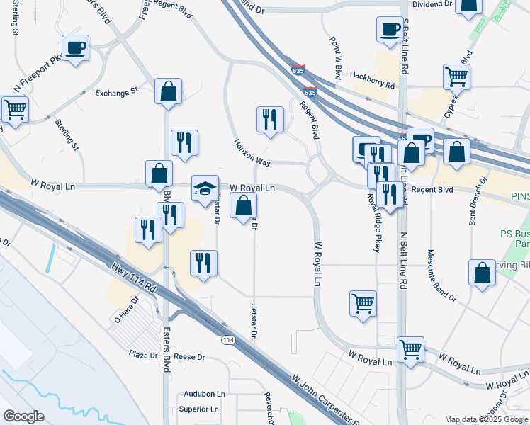 map of restaurants, bars, coffee shops, grocery stores, and more near 4040 West Royal Lane in Irving