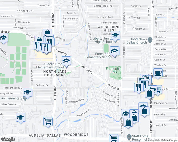 map of restaurants, bars, coffee shops, grocery stores, and more near 10104 Walnut Street in Dallas