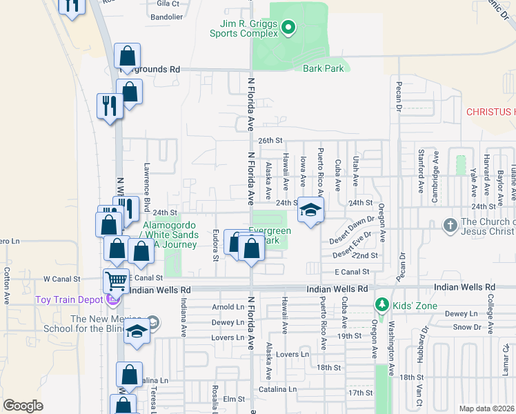 map of restaurants, bars, coffee shops, grocery stores, and more near 692 24th St in Alamogordo