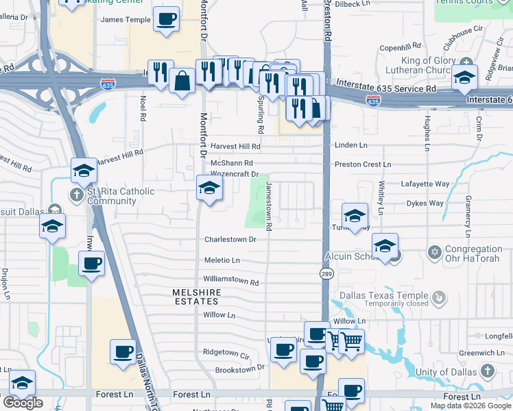 map of restaurants, bars, coffee shops, grocery stores, and more near 12601 Jamestown Road in Dallas