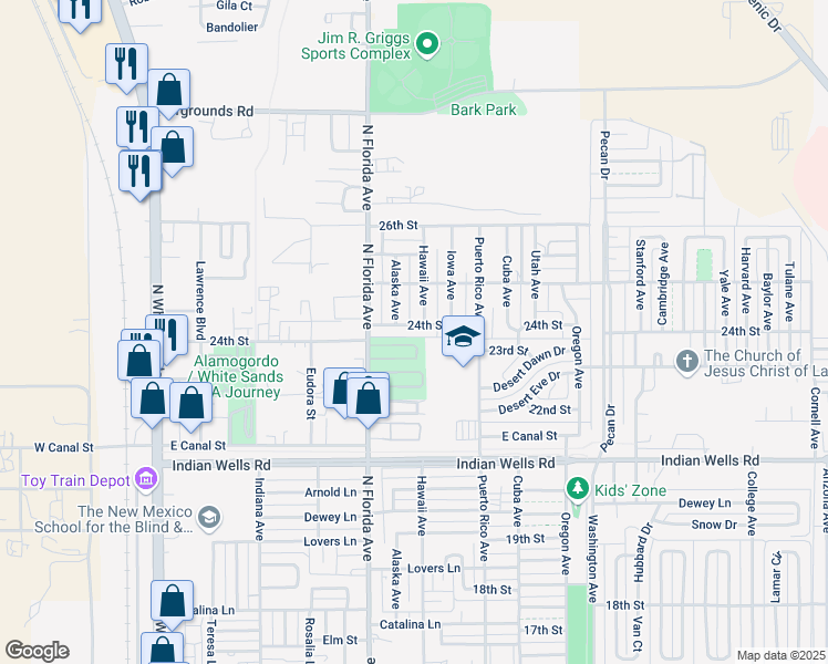 map of restaurants, bars, coffee shops, grocery stores, and more near 900 24th Street in Alamogordo
