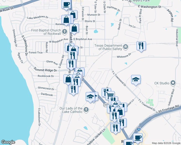 map of restaurants, bars, coffee shops, grocery stores, and more near 610 Jubilee Street in Rockwall