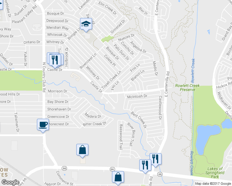 map of restaurants, bars, coffee shops, grocery stores, and more near 2133 McIntosh Drive in Garland