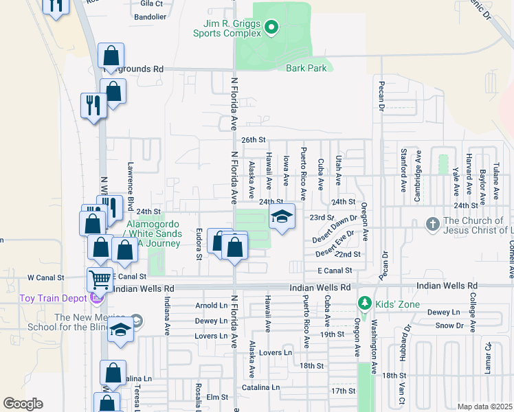 map of restaurants, bars, coffee shops, grocery stores, and more near 900 24th Street in Alamogordo