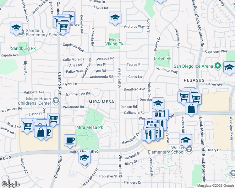 map of restaurants, bars, coffee shops, grocery stores, and more near 10983 Via Abaca in San Diego