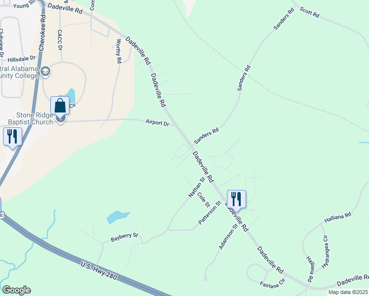 map of restaurants, bars, coffee shops, grocery stores, and more near 2294 Parkway Circle in Alexander City