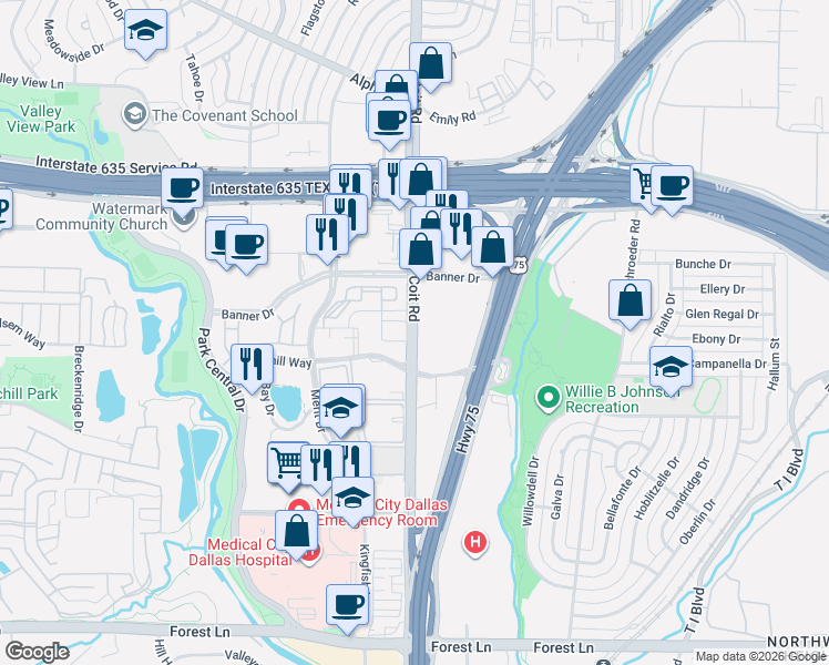 map of restaurants, bars, coffee shops, grocery stores, and more near 7849 Churchill Way in Dallas