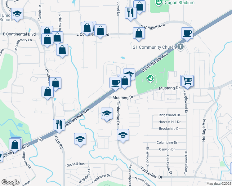 map of restaurants, bars, coffee shops, grocery stores, and more near 3121 Ira E Woods Avenue in Grapevine