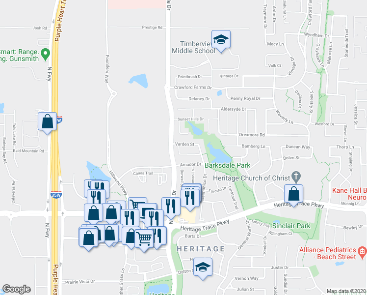 map of restaurants, bars, coffee shops, grocery stores, and more near 3516 Varden Street in Keller