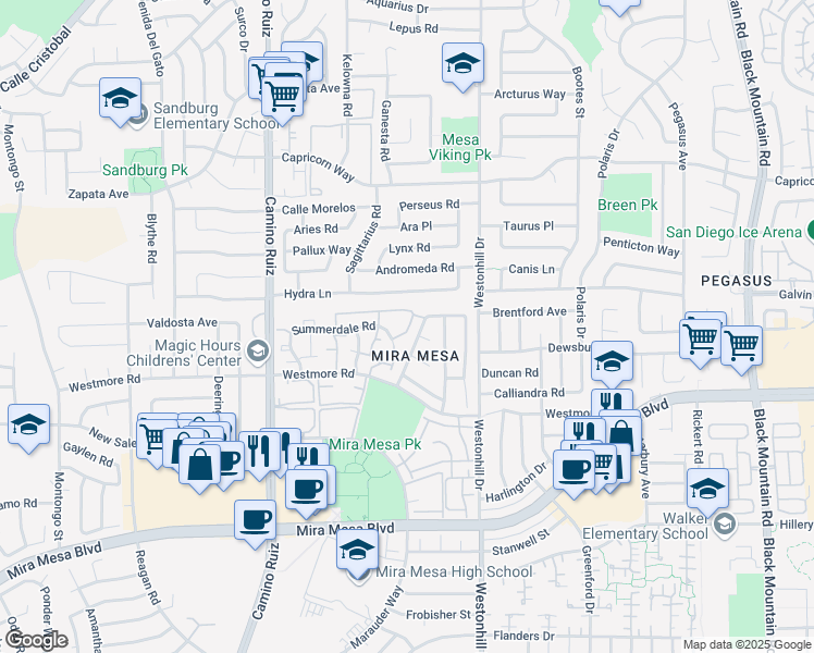 map of restaurants, bars, coffee shops, grocery stores, and more near 8594 Summerdale Road in San Diego