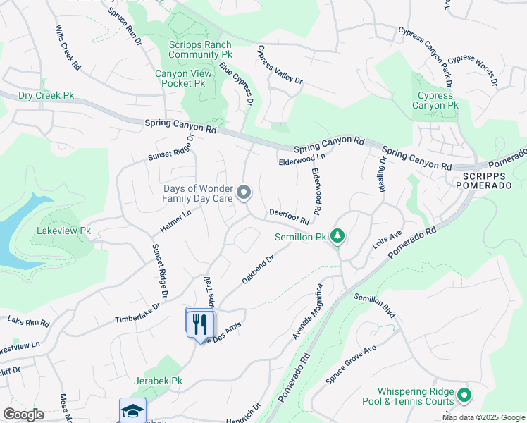 map of restaurants, bars, coffee shops, grocery stores, and more near 12122 Creekside Court in San Diego