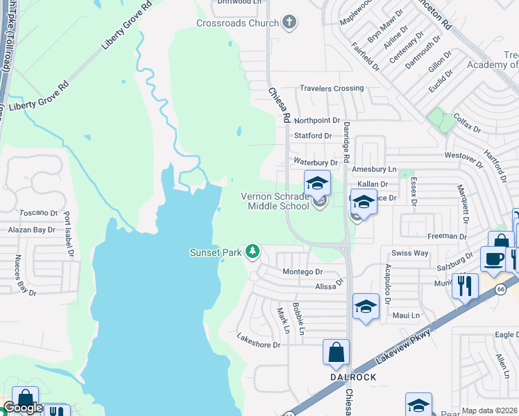 map of restaurants, bars, coffee shops, grocery stores, and more near 6829 Chiesa Road in Rowlett